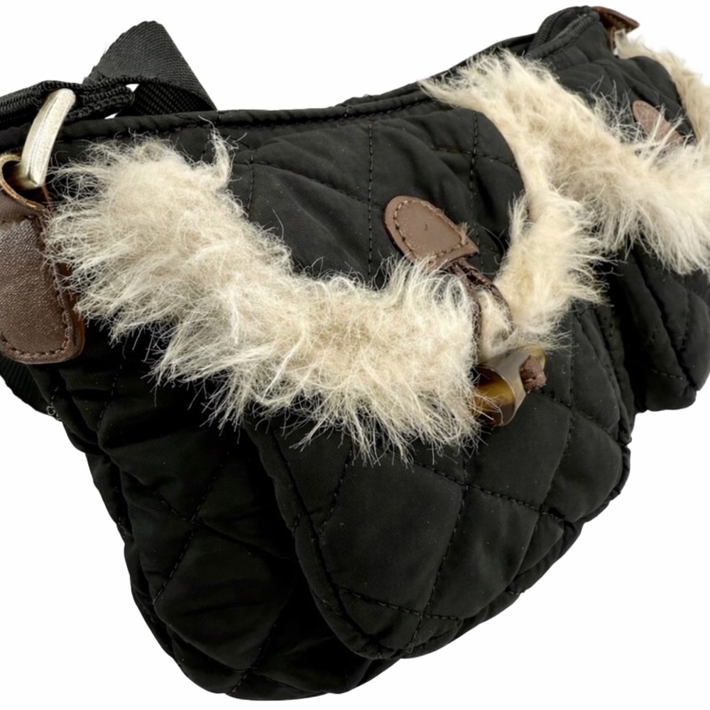 Old Navy Clutch Shoulder Bag Quilted Black Faux Fur Trim Winter EUC